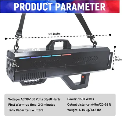 Communicates the exact physical dimensions of the fog machine including length, width, and strap measurements to help shoppers understand the product size. Provides detailed technical specifications…