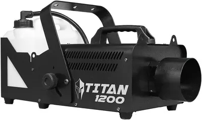 Shows the complete fog machine unit with attached fluid reservoir to communicate what the customer receives and how the product is configured out of the box.