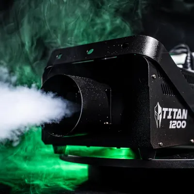 Demonstrates the fog machine's powerful smoke output capability in action to show shoppers the product delivers impressive visual effects.