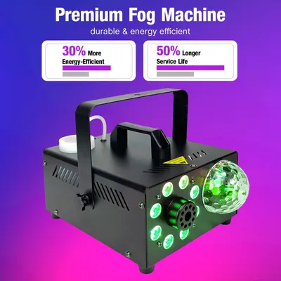 Communicates two key benefits of the fog machine: 30% more energy-efficient operation and 50% longer service life, reassuring shoppers of cost savings and longevity.