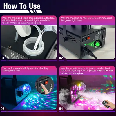Provides step-by-step instructions on how to set up and operate the smoke and light machine, reducing friction during onboarding and answering common usage questions.