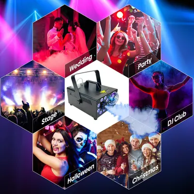 Demonstrates the versatility of the fog/lighting machine by showing it can be used across multiple event types and occasions, from weddings and parties to seasonal celebrations.