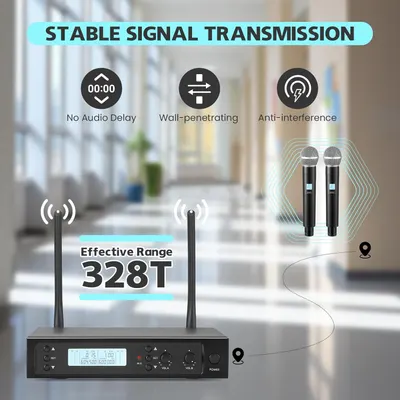 Communicates multiple technical benefits of the wireless microphone system including signal stability, range, and transmission quality to reassure buyers of reliable performance.