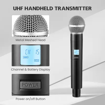 This image breaks down the UHF handheld transmitter by highlighting its key components including the metal meshed head, digital display showing channel and battery status, and power button to help…