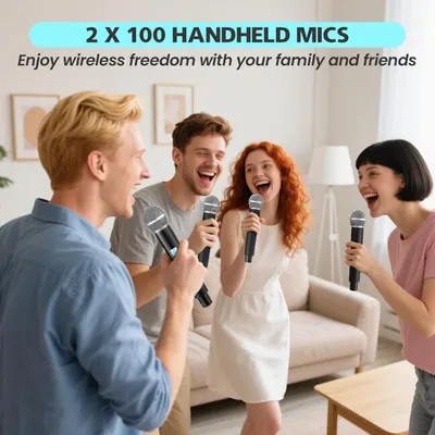 Communicates that the product includes 2 x 100 handheld wireless microphones, emphasizing the quantity and wireless freedom for group entertainment. Demonstrates the use case of the product for…