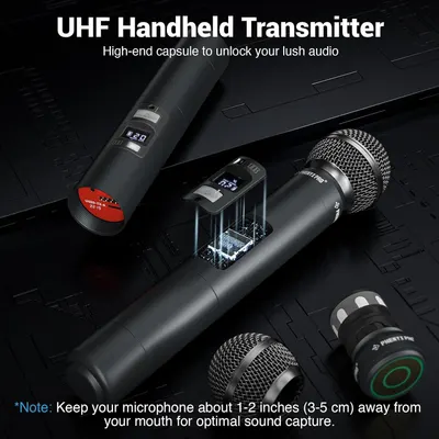 Highlights the premium audio quality of the UHF handheld transmitter by showcasing the high-end capsule technology and providing usage guidance for optimal sound capture.