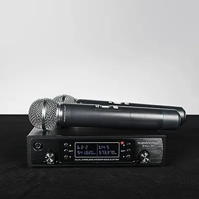 Shows the customer everything included in the package: the wireless receiver base unit and two handheld microphones, helping them understand the complete system they will receive.