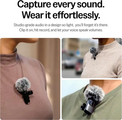 Communicates that the microphone delivers professional audio quality while being extremely lightweight and easy to wear, making it convenient for hands-free recording.