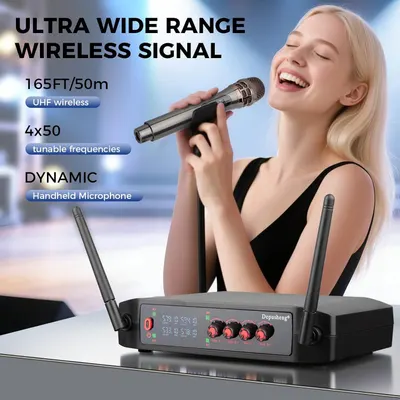 Showcases multiple key features of the wireless microphone system including its extended range, frequency options, and microphone type to help shoppers understand the products technical capabilities…