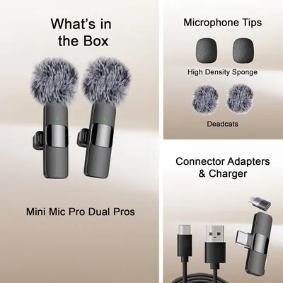 Shows everything included in the purchase: dual microphones, multiple tip options (high density sponge and deadcats), and connector adapters with charger to set clear expectations for the buyer.