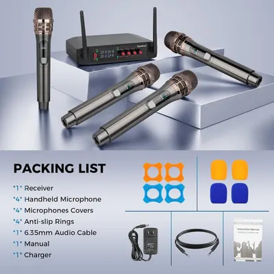 Shows everything included in the purchase: receiver, 4 handheld microphones, covers, anti-slip rings, audio cable, manual, and charger to help shoppers understand the complete value of the bundle.