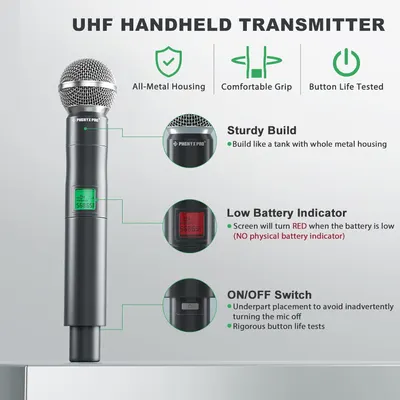 This image breaks down the UHF handheld transmitter by highlighting specific parts and features with callouts and zoomed-in views, helping shoppers understand the physical components and functional…