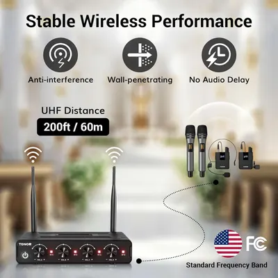 Communicates multiple technical benefits of the wireless microphone system to reassure shoppers about stable performance, long range, and reliable connectivity.