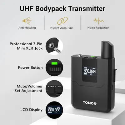 This image breaks down the UHF Bodypack Transmitter by labeling and highlighting its key physical components and functional features, helping shoppers understand the product's structure and…