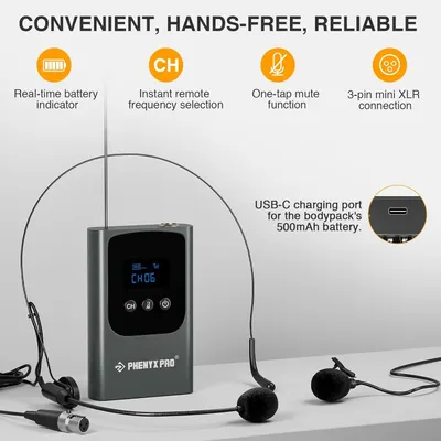 Showcases multiple key features of the wireless microphone bodypack to demonstrate its convenience, hands-free operation, and reliability for professional audio use.