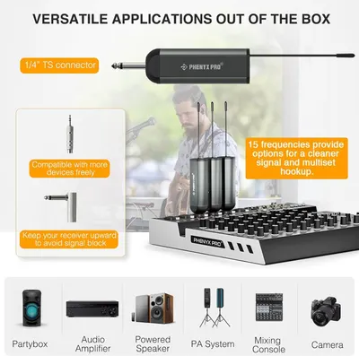 Demonstrates the versatility of the wireless audio product by showing it can be used with various audio equipment including partybox speakers, amplifiers, powered speakers, PA systems, mixing…