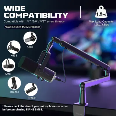 Communicates that the microphone boom arm is compatible with multiple microphone models and screw thread sizes, and can safely support up to 1.5kg, helping shoppers confirm it will work with their…