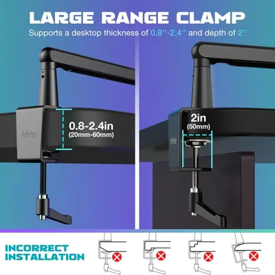 Communicates the exact dimensions and compatibility range of the clamp mechanism to help shoppers understand if it will fit their desk setup. Shows common installation mistakes to avoid, helping…