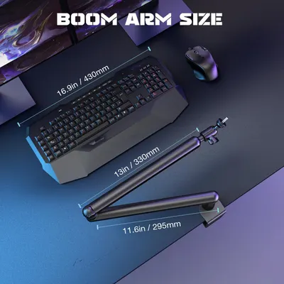 Communicates the exact dimensions of the boom arm in multiple positions to help shoppers understand the physical size and reach of the product.