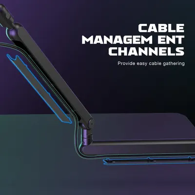 Highlights the cable management channels feature to show shoppers how the product keeps cables organized and gathered neatly.