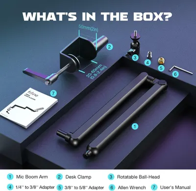Shows all items included in the package so shoppers know exactly what they will receive with their purchase, including the mic boom arm, desk clamp, adapters, and accessories.