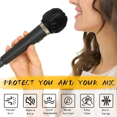 Communicates six distinct protective benefits of the microphone cover to reassure buyers that it protects both the user and the microphone from dust, moisture, and noise while remaining comfortable…