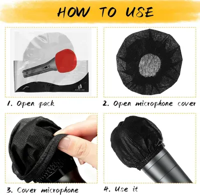 Provides clear step-by-step instructions on how to open the package and install the microphone cover, reducing friction during product setup and answering how the product works.