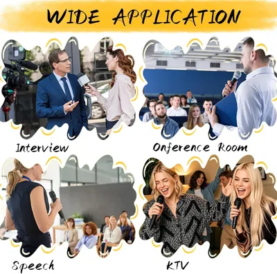 Demonstrates the versatility of the product by showing it can be used in various professional and entertainment settings including interviews, conference rooms, speeches, and karaoke.