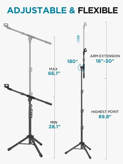 Communicates the microphone stand's versatility through multiple adjustable features including height range, arm extension, and rotation angle to help shoppers understand its flexibility for…