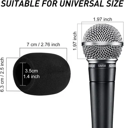 Communicates the exact dimensions of the microphone windscreen and microphone to help shoppers understand the size and confirm compatibility with their equipment.