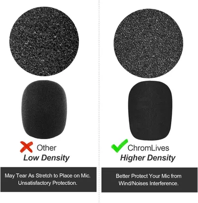 Compares the product's higher density foam microphone cover against competitors to show superior durability and wind noise protection.