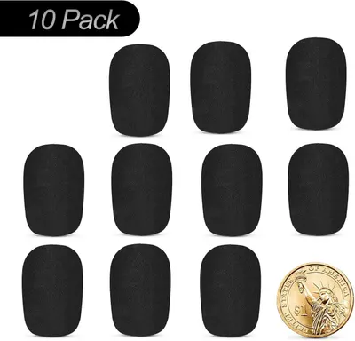 Shows the customer they will receive 10 microphone foam covers in their purchase, with a coin for scale reference. Provides a visual scale reference using a US dollar coin to help shoppers…