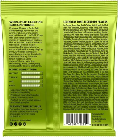 Communicates multiple key features and benefits of the guitar strings including their legendary tone, construction quality, versatility across genres, and protective packaging to convince shoppers…