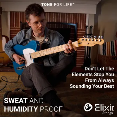 Communicates that the guitar strings are resistant to sweat and humidity, ensuring consistent tone and durability for musicians in any environment.