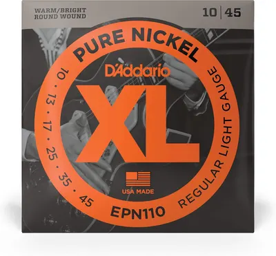 Communicates multiple key features of the guitar strings including material composition, tonal quality, construction type, manufacturing origin, and gauge specifications to help shoppers understand…