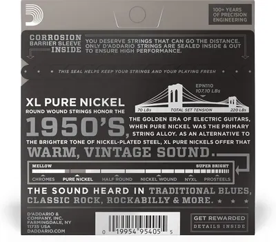 Communicates multiple selling points of the guitar strings including corrosion protection, pure nickel composition for vintage tone, and heritage positioning to appeal to musicians seeking authentic…