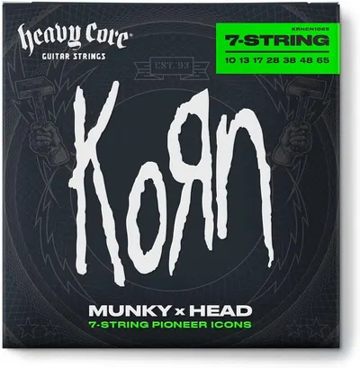 Emphasizes the brand partnership between Heavy Core Guitar Strings and the band Korn, reinforcing brand identity and appealing to fans of the band and 7-string guitar players.