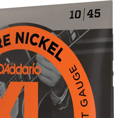 Communicates the exact gauge measurement (10/45) of the guitar strings to help shoppers select the correct string thickness for their playing style and instrument.