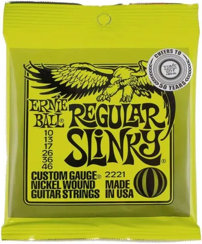Shows the actual product packaging as it will appear when received, helping shoppers recognize the Ernie Ball Regular Slinky guitar strings brand and gauge specifications.