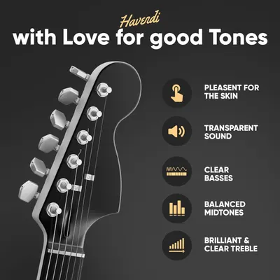 Showcases five distinct audio and comfort benefits of the guitar strings to help shoppers understand the comprehensive quality and performance features of the product.