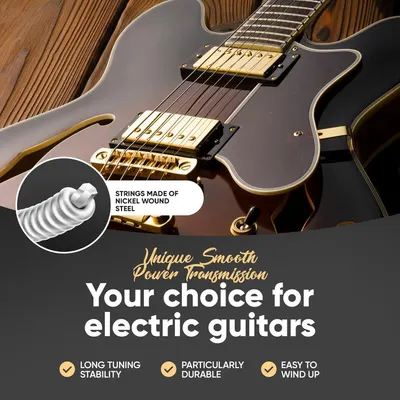 Showcases multiple benefits of the guitar strings including material composition, tuning stability, durability, and ease of use to convince shoppers this is the ideal choice for electric guitars.