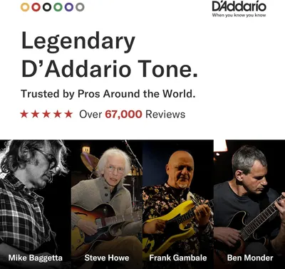 Reinforces D'Addario's brand authority and trust by showcasing professional musician endorsements and highlighting over 67,000 reviews to build credibility with shoppers.
