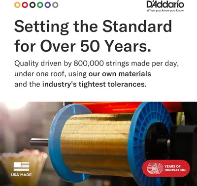 Emphasizes D'Addario's 50+ year legacy and manufacturing expertise to build trust and reinforce brand authority in the guitar string market.