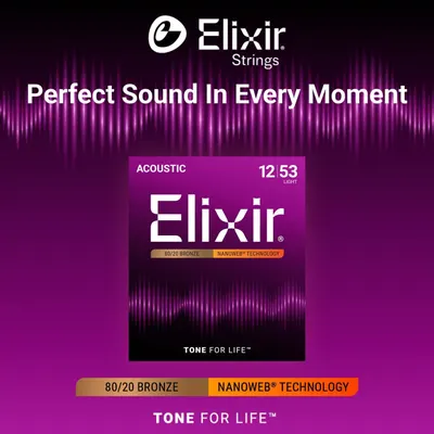 Emphasizes the Elixir Strings brand identity and emotional positioning with the tagline Perfect Sound In Every Moment and TONE FOR LIFE to build brand trust and lifestyle association.