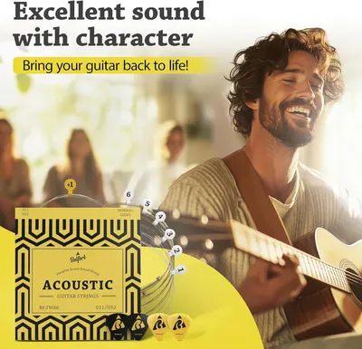 Communicates that the acoustic guitar strings deliver excellent sound with character, reassuring musicians about the quality and performance of the product.