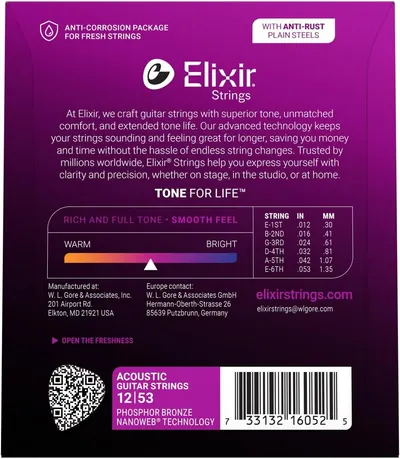 Communicates multiple key features and benefits of Elixir guitar strings including anti-corrosion packaging, anti-rust materials, extended tone life, superior tone quality, and smooth feel to help…
