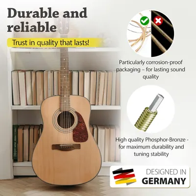 Communicates multiple durability and quality features of the guitar strings, including corrosion-proof packaging for lasting sound quality and high-quality Phosphor-Bronze material for maximum…