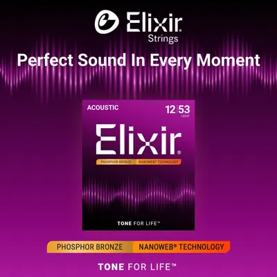 Emphasizes the Elixir brand identity and emotional positioning with the slogan Perfect Sound In Every Moment and Tone for Life to build trust and brand recognition.