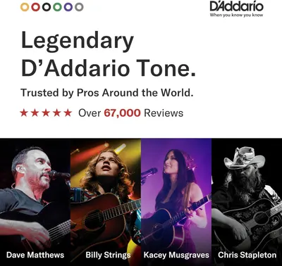 Reinforces D'Addario's brand authority and trust by highlighting legendary tone, professional endorsements from famous musicians, and over 67,000 reviews to build credibility and emotional…