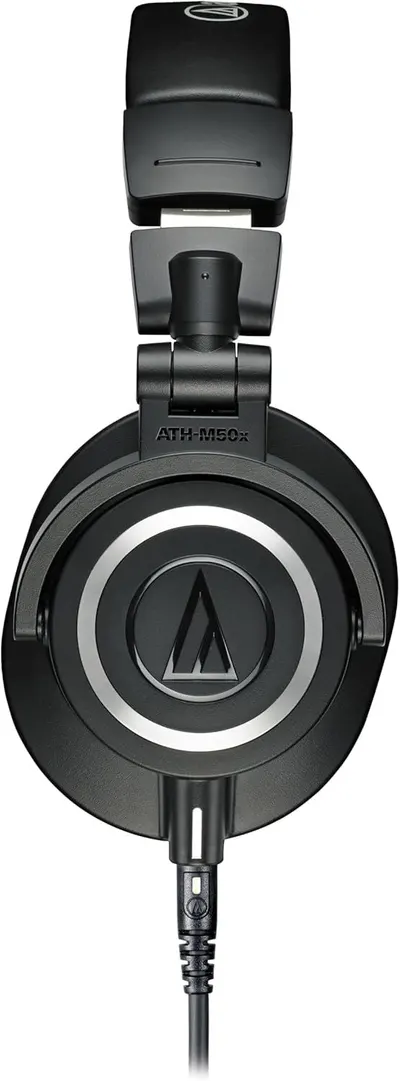 Displays the physical structure and key components of the headphones including the adjustable headband mechanism, rotating ear cups, and model identification to help shoppers understand the…